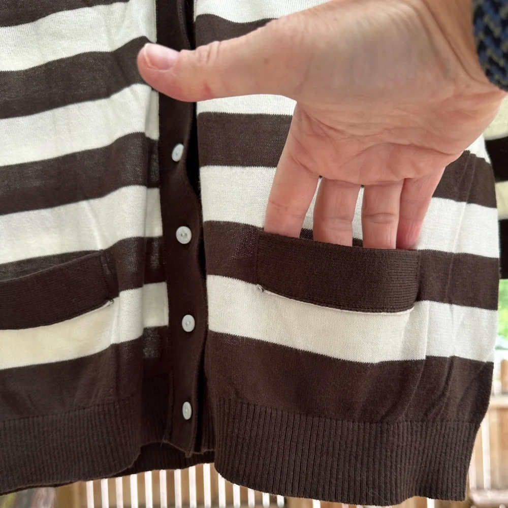 J. Crew Featherweight Chocolate Brown Ivory Cardigan Striped V Neck Cotton Large